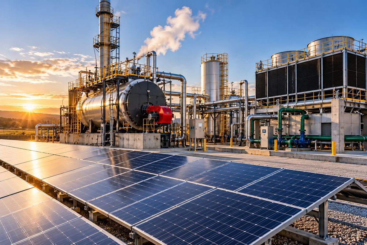 Solar panels and steam systems at an energy plant