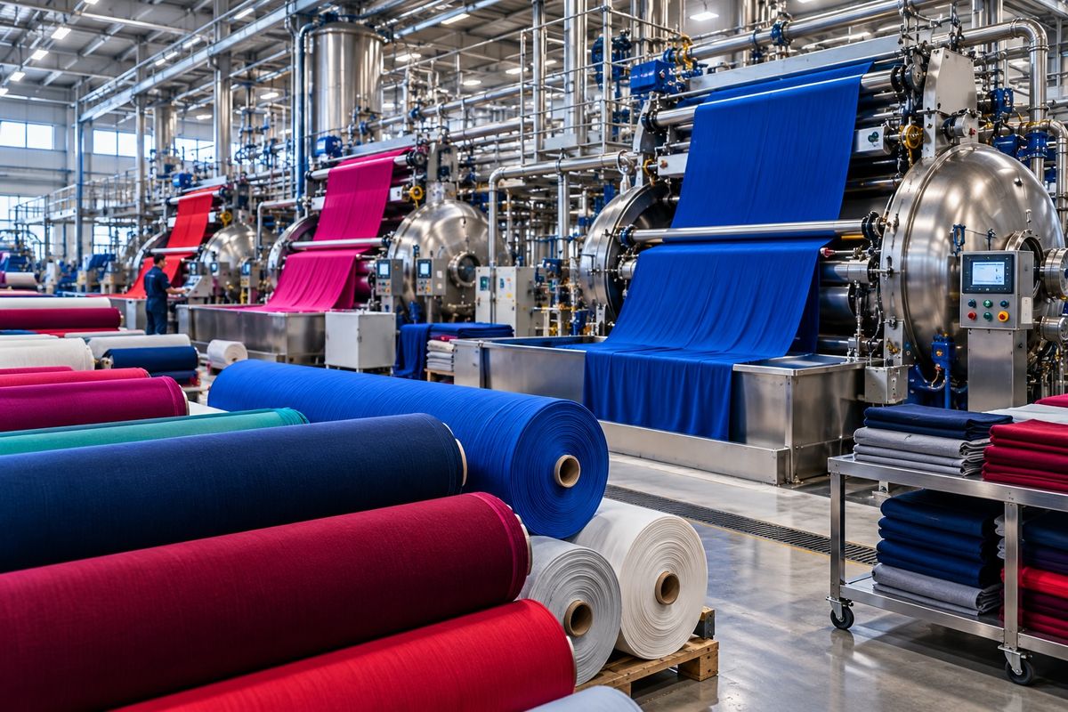 Rolls of colored fabric in a textile plant